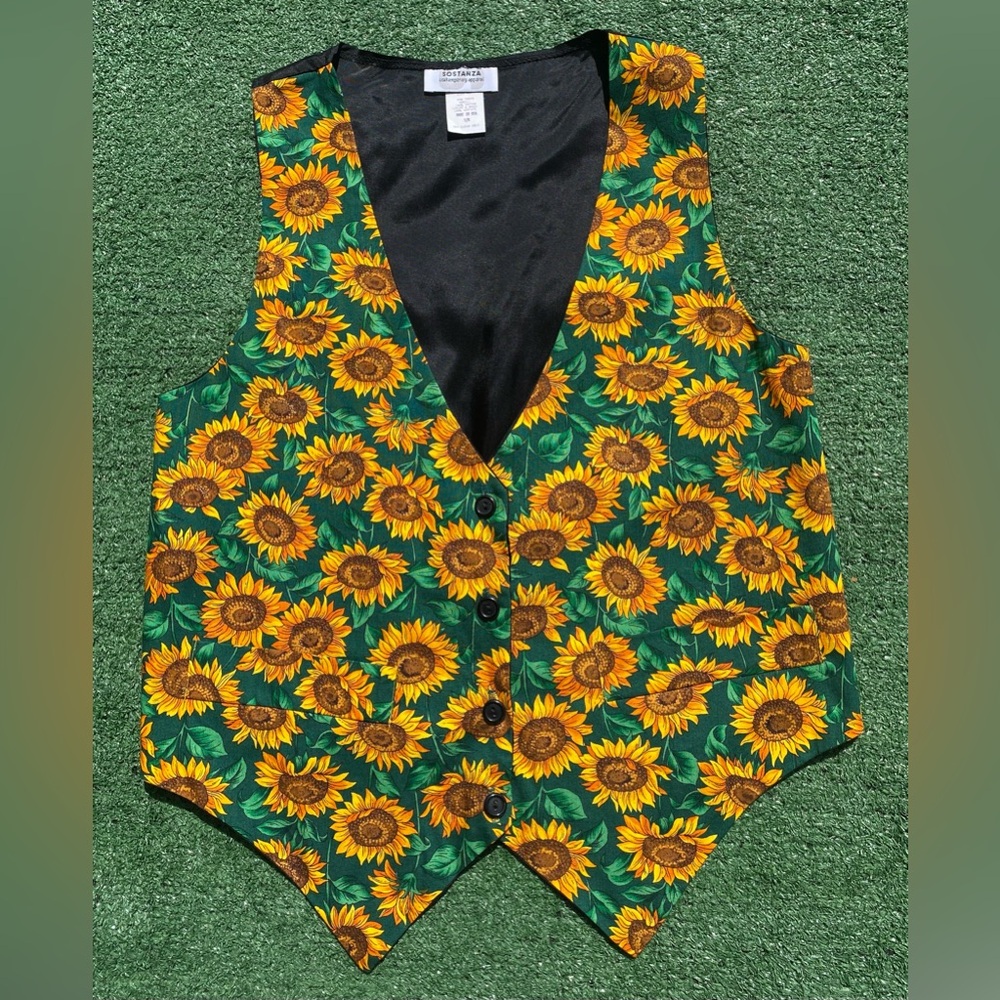 VTG 80’s Sunflower All Over Print Button Front Vest Women’s SZ Small USA Made